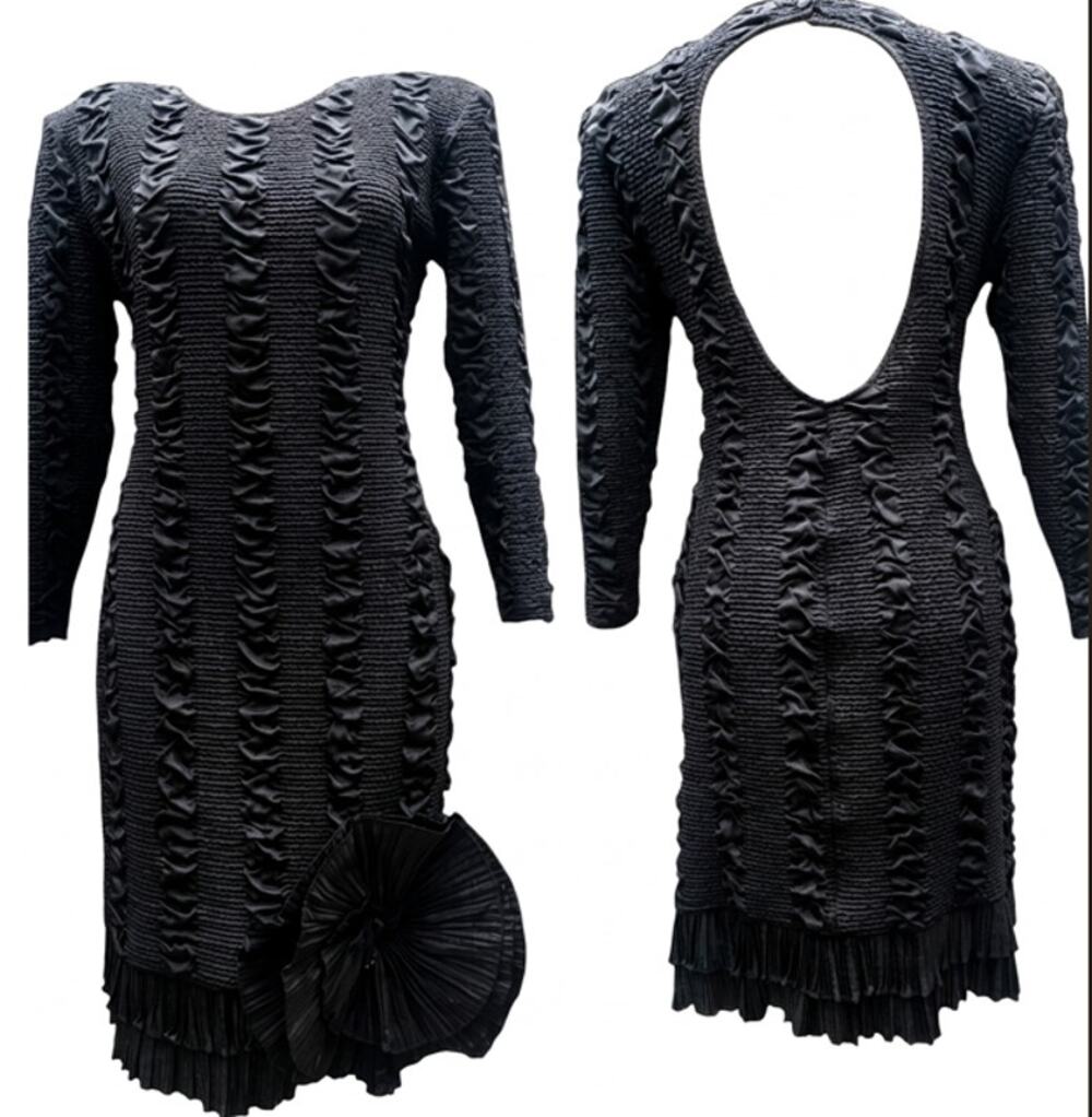Mademoiselle Vintage 80s 90s Ruffled Bodycon Black Mini Dress Women's Large